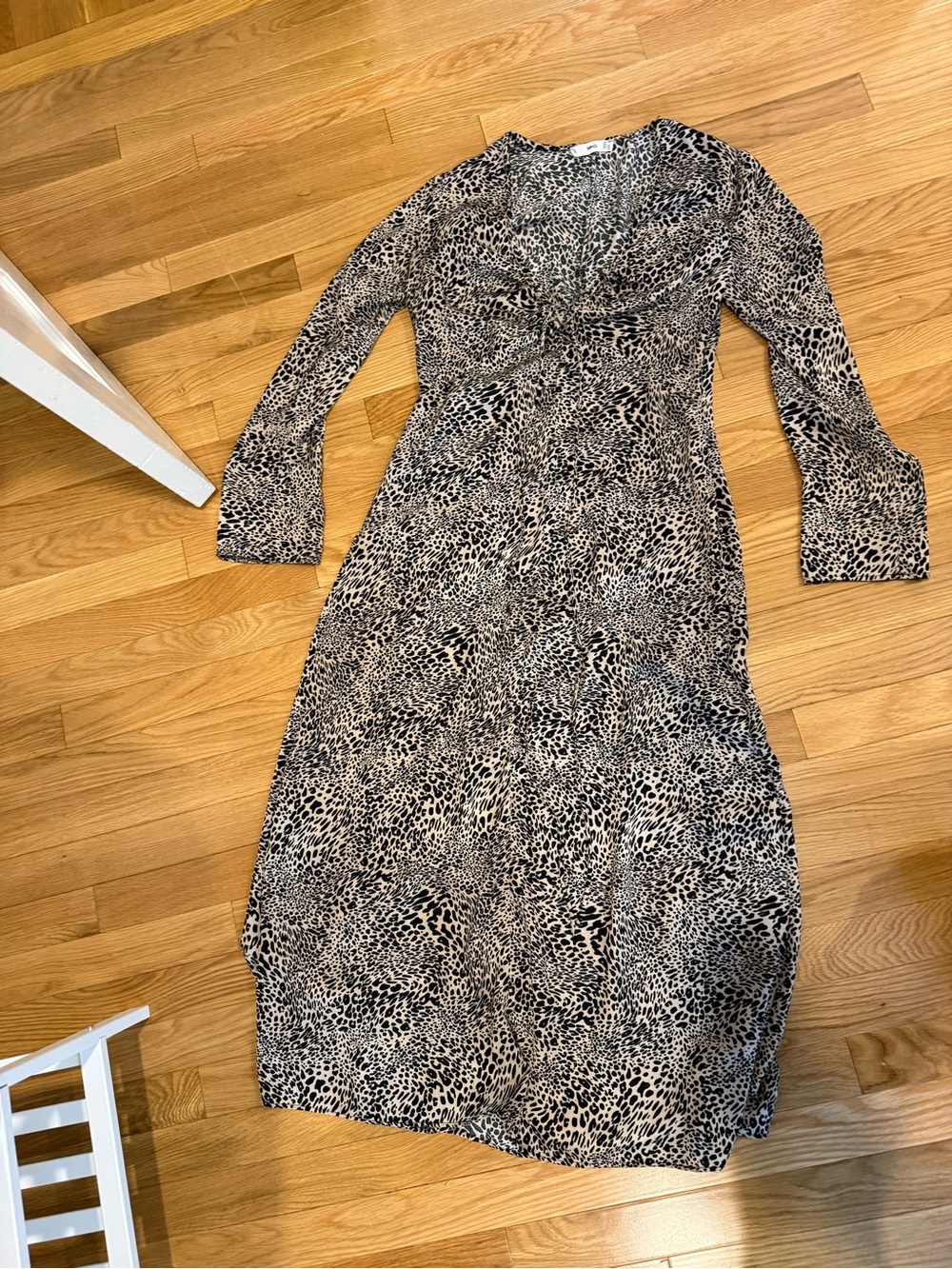 Mango Animal Print Long Sleeve V-Neck Maxi Dress - Black & Cream